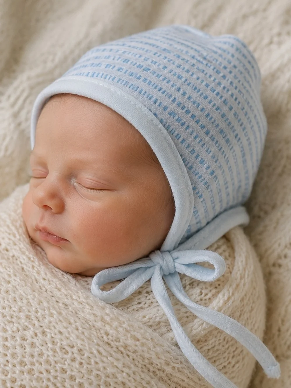 Vintage Styled By The Shepherd Light Blue Striped Baby Tie-Chin Hat Bonnet Cap